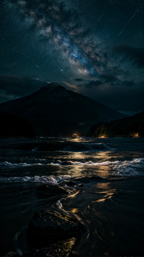 water, Ocean, Dark Sky, rain, Mountain々, performer, Starfall, milky way
