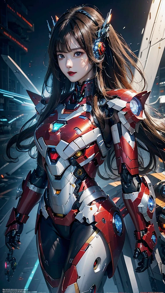 Super detailed, advanced details, high quality, 最high quality, High resolution, 1080P, Hard disk, beautiful,(Iron Girl),Beautiful cyborg woman,Mecha Cyborg Girl,battle mode,Mecha body girl,She wears an Iron Man mech,full body shot
