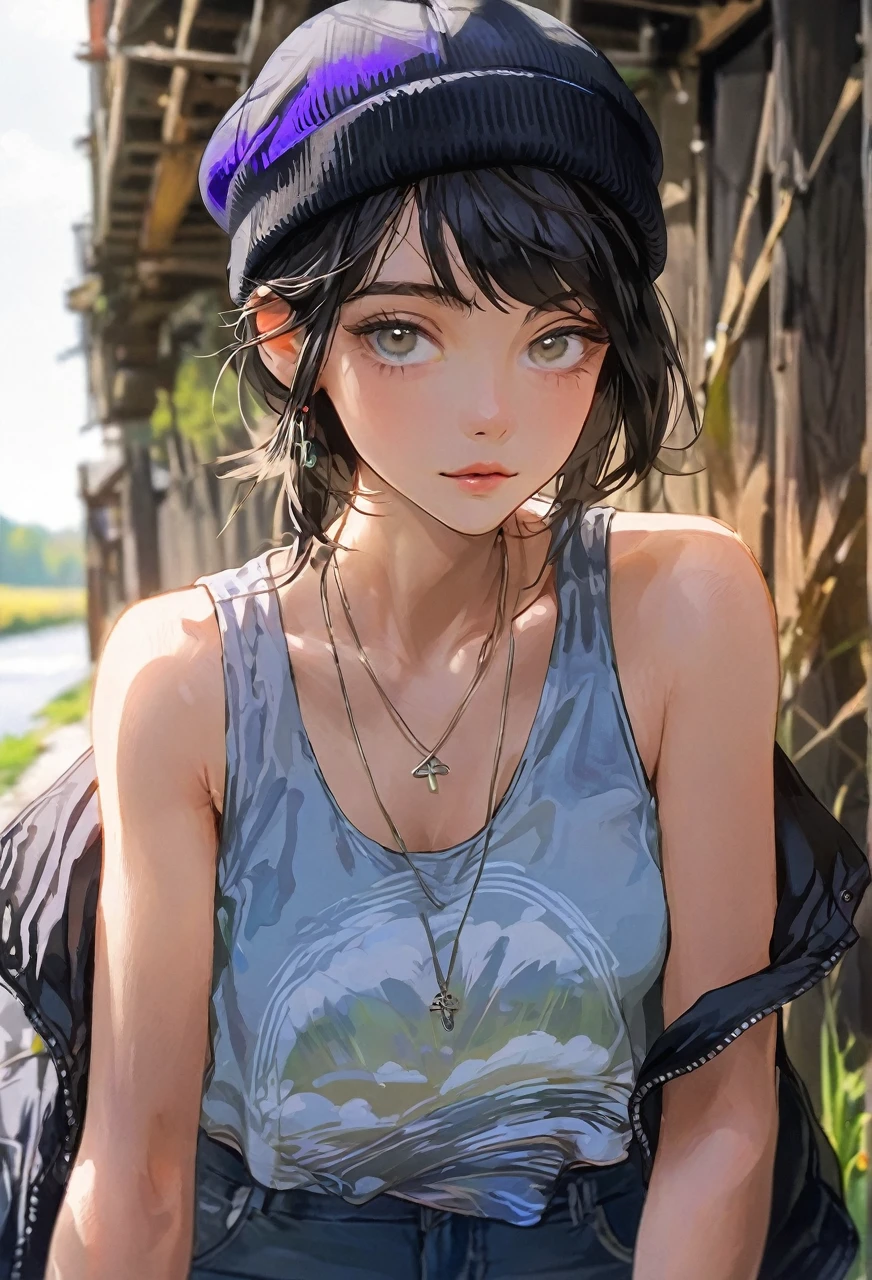 Walking river bank, loose black jacket, perfect hands, high detail, high quality, best detail, perfect irises, beanie, hipster, adult female, beanie, calm demeanor, mature,