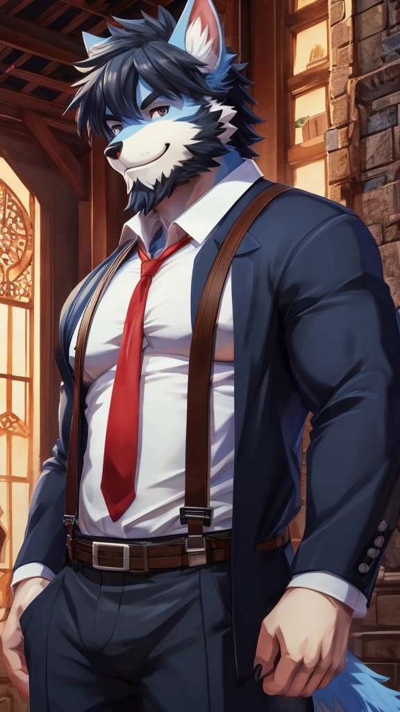 ((best quality)), ((masterpiece)), (Ultra detailed), ((4k)), solo , Furry, anthro, Light Blue Fur , Black Short Hair , Middle Ages , Beard , Shirt , White shirt ,  Big Pecs , collared shirt , pants , suspenders , pectorals , sleeves rolled up, Black Coat , Cool Pose , Smile , Brightness , Anime Style