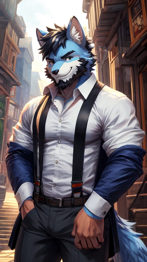 ((best quality)), ((masterpiece)), (Ultra detailed), ((4k)), solo , Furry, anthro, Light Blue Fur , Black Short Hair , Middle Ages , Beard , Shirt , White shirt ,  Big Pecs , collared shirt , pants , suspenders , pectorals , sleeves rolled up, Black Coat , Cool Pose , Smile , Brightness , Anime Style