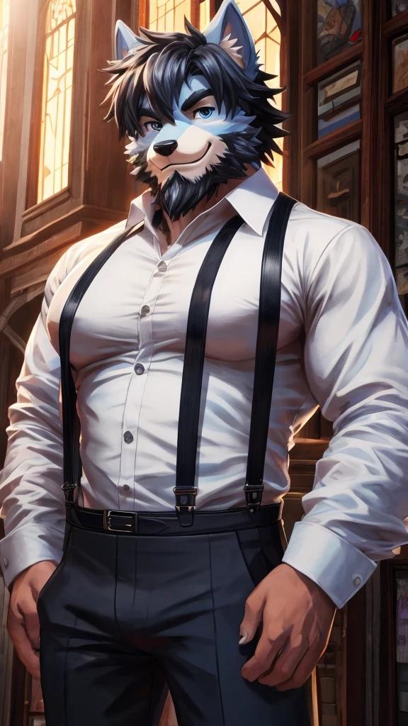 ((best quality)), ((masterpiece)), (Ultra detailed), ((4k)), solo , Furry, anthro, Light Blue Fur , Black Short Hair , Middle Ages , Beard , Shirt , White shirt ,  Big Pecs , collared shirt , pants , suspenders , pectorals , sleeves rolled up, Black Coat , Cool Pose , Smile , Brightness , Anime Style