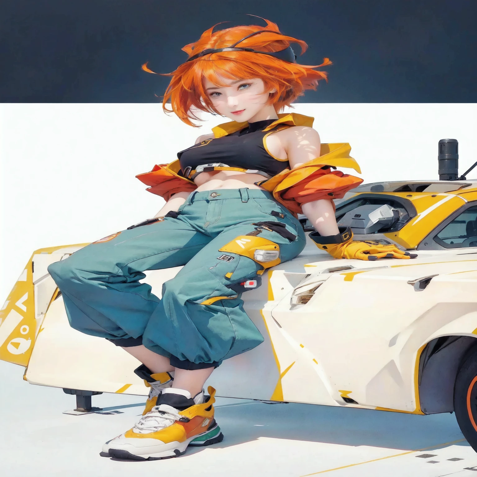 girl sitting on a car with a radio on top, orange hair, blue eyes, black top, green pants, yellow jacket, yellow boods, yellow gloves, expressing joy. by krenz cushart, cyberpunk