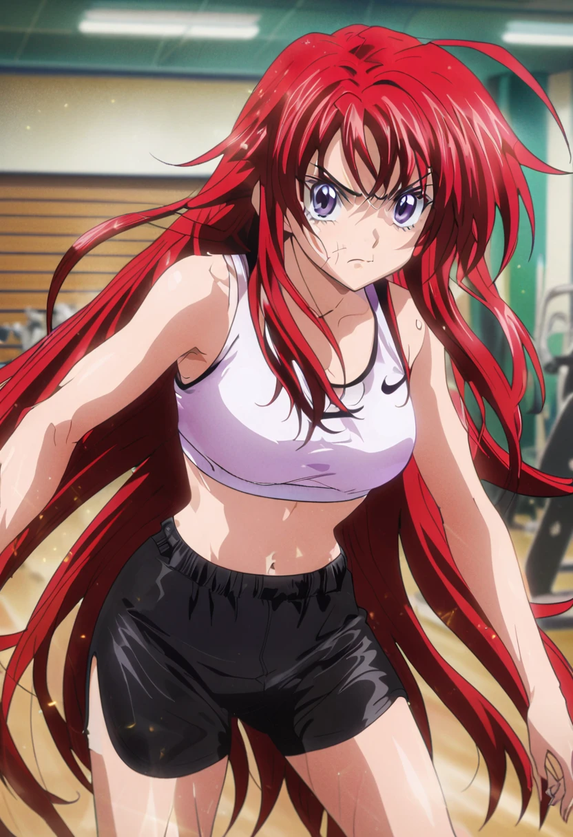 A woman with long, tousled red hair wearing a white Nike sports bra and black shorts is shown in a gym setting, with a focused, determined expression on her face. The image has a stylized, anime-inspired aesthetic.