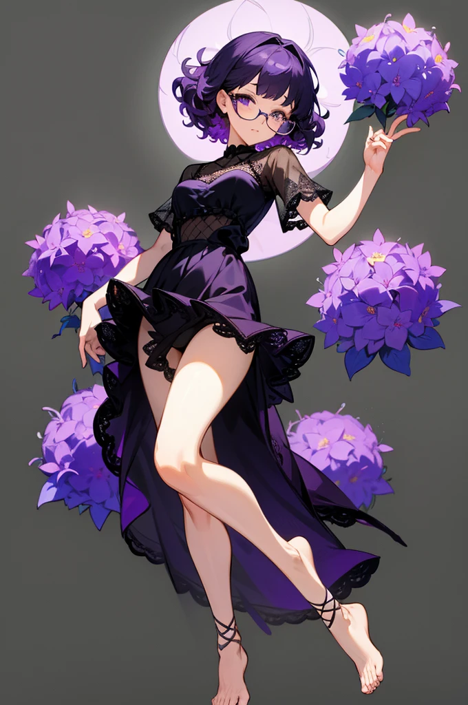 one girl, short very curly purple hair with dark purple strand, glasses, two-piece black color lace flower theme swim outfit, simple detaled, lovable, no background, dynamic pose,, full body ,detaled feet,short blouse with fishnet, flowers, 