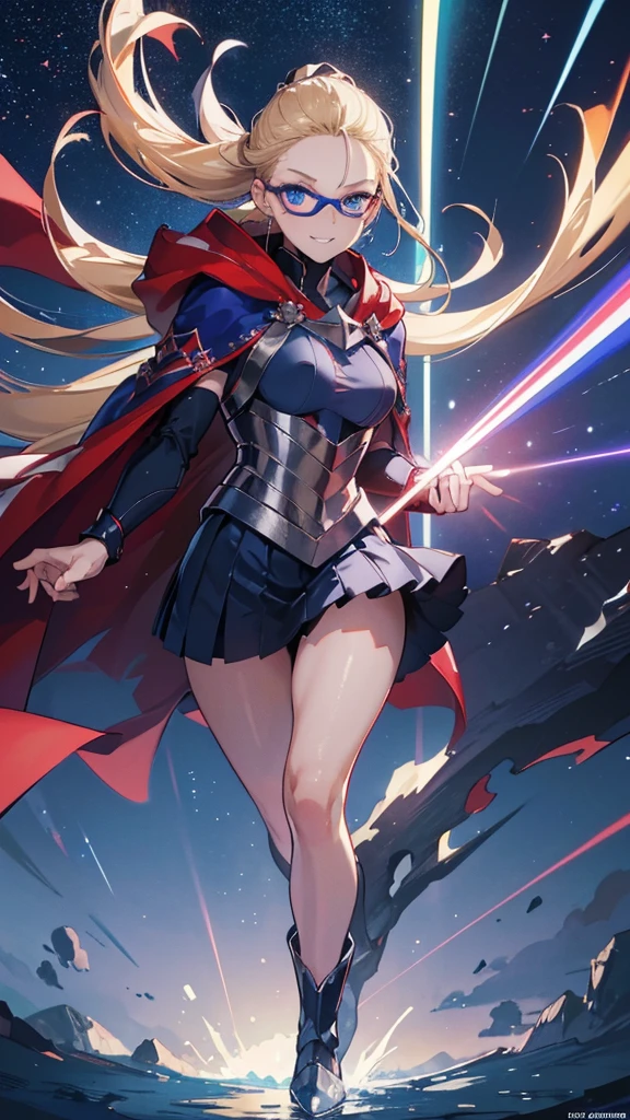 Best quality, Ultra detailed, best quality, insanely detailed, beautiful, masterpiece, 8k, 
break  
Lens Flare,night sky, Streaks of Light,refraction Glowing white lines ,Crossing Light,Shining Background, light particles
break 
crystal trees,
break 
1girl, blonde hair, (slicked back hair:1.2), forehead, long hair, high ponytail, red Beret, blue Scarf ,blue Compression Shirt, blue eye glasses,  tareme , blue eyes, ultra detailed eyes, blue sheath skirt, mini skirt, (red and  blue cloak:1.2) , long cloak,blue boots, pale skin , full body, portlait, (stare at viewer:1.5),(seductive smile:1.3), (embarrassed:1.0),(orgasm:1.2), nsfw, , short,