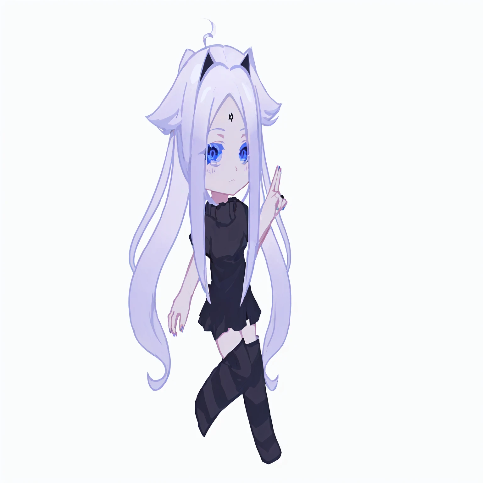 Anime girl with long hair and blue eyes in a black outfit, render of a cute 3D anime girl, anime stylized, pale young ghost girl, anime stylized, White cat girl, cute character, anime moe artstyle, Chibi monster girl, anime style character, 2D anime style, 3d in anime style, Advanced Digital Chibi Art, with index finger