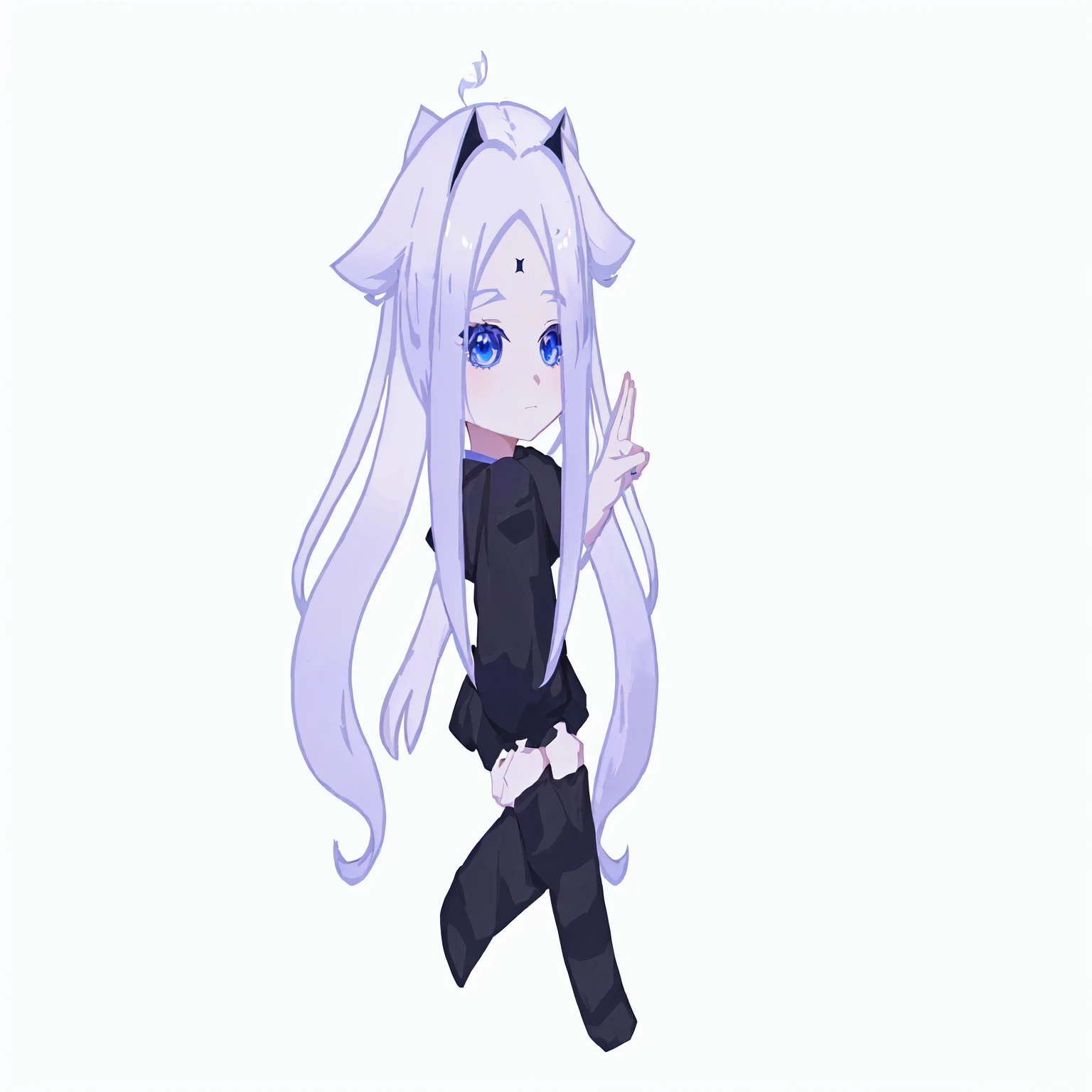 Anime girl with long hair and blue eyes in a black outfit, render of a cute 3D anime girl, anime stylized, pale young ghost girl, anime stylized, White cat girl, cute character, anime moe artstyle, Chibi monster girl, anime style character, 2D anime style, 3d in anime style, Advanced Digital Chibi Art, with index finger