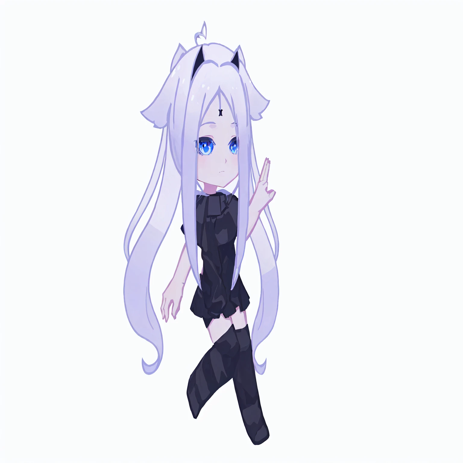 Anime girl with long hair and blue eyes in a black outfit, render of a cute 3D anime girl, anime stylized, pale young ghost girl, anime stylized, White cat girl, cute character, anime moe artstyle, Chibi monster girl, anime style character, 2D anime style, 3d in anime style, Advanced Digital Chibi Art, with index finger