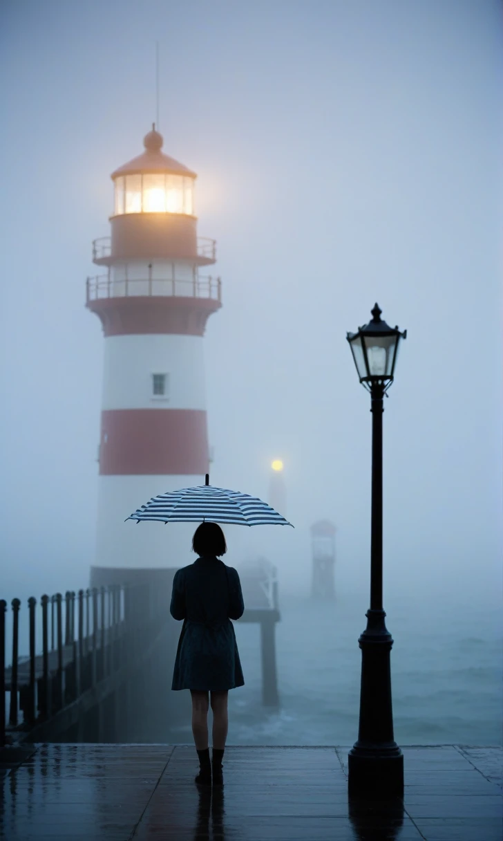 girl, Short hair, cool,rain,blur,Fog,middle,cool,boring,,pier,only,lighthouse,Coast, The dim light shines in the Fog,and the figure stands in the Fog holding an umbrella