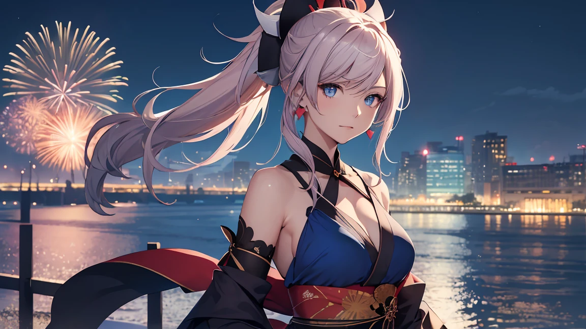 Browsing Caution　(Highest quality:1.5, High resolution, 超High resolution, 4K, Detailed lighting, One woman at the center、Shaders)miyamoto musashi asymmetrical hair, blue eyes, Earrings, hair ornaments, Pink Hair, ponytail, Side Lock, break bare shoulders, blue kimono, Removable sleeves, elbow sleeve, kimono, kimono, heart, sash, Sleeveless, Sleeveless kimono, break outdoors, city, break looking at viewer, break (masterpiece:1.2), Highest quality, High resolution, unity 8k wallpaper, (shape:0.8), (Beautiful details:1.6), Highly detailed face, Perfect lighting, Extremely detailed CG, (Perfect hands, Perfect Anatomy),Coastline at night、Lots of fireworks background、