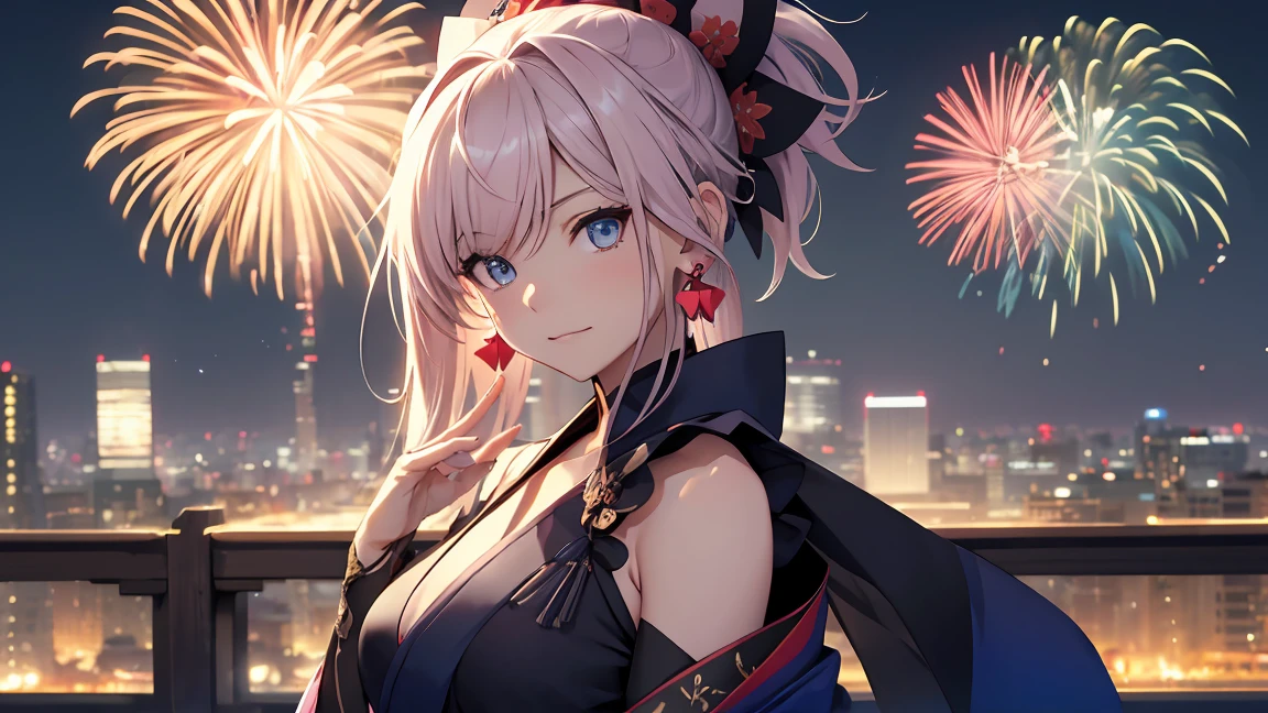 Browsing Caution　(Highest quality:1.5, High resolution, 超High resolution, 4K, Detailed lighting, One woman at the center、Shaders)miyamoto musashi asymmetrical hair, blue eyes, Earrings, hair ornaments, Pink Hair, ponytail, Side Lock, break bare shoulders, blue kimono, Removable sleeves, elbow sleeve, kimono, kimono, heart, sash, Sleeveless, Sleeveless kimono, break outdoors, city, break looking at viewer, break (masterpiece:1.2), Highest quality, High resolution, unity 8k wallpaper, (shape:0.8), (Beautiful details:1.6), Highly detailed face, Perfect lighting, Extremely detailed CG, (Perfect hands, Perfect Anatomy),Coastline at night、Lots of fireworks background、