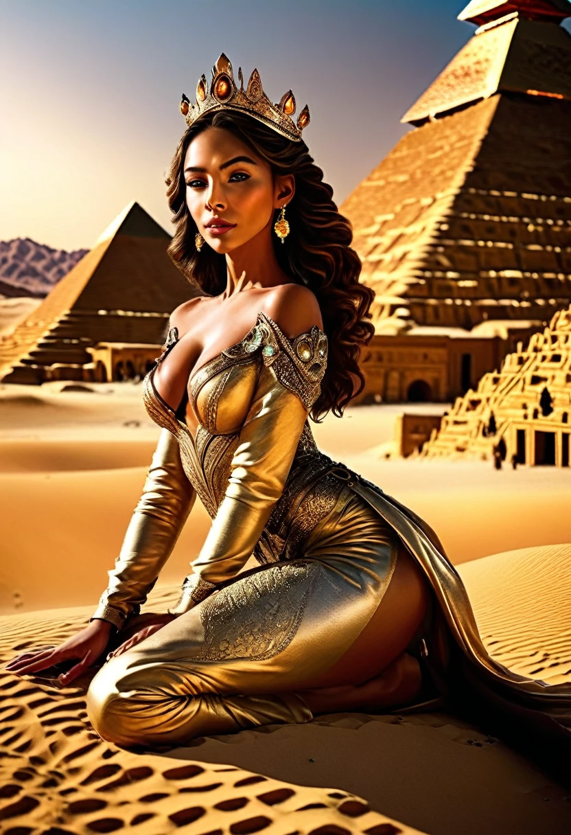 Arafed picture of a desert princess BREAK and her pet cougar in her palace high details, best quality, 16k, f a female human princess and her pet cougar, princess of the desert, full body, ((anatomically correct: 1.5)) ((standing: 1.5)) proudly royalty demeanor, a woman, (best detailed face: 1.5), Ultra Detailed face, wearing royal desert dress, decorated with gems, wearing princess tiara, small cleavage, thigh high intricate leather high heeled boot, thick hair, long hair, brown hair, tan skin intense brown eyes, her epic desert (cougar : 1.3) lying at her feet, guarding her, an epic fantasy desert palace in an oasis in the background (intricate details, Masterpiece, best quality: 1.5) night, moon light, stars ,Wide-Angle, award winning, best quality, high quality, high details, highres, vibrant, Ultra-high resolution, High Contrast, (masterpiece:1.5), highest quality, Best aesthetics, best details, best quality, highres, ultra wide angle, 16k, [ultra detailed], masterpiece, best quality, chumbasket art style, Cinematic Hollywood Film,