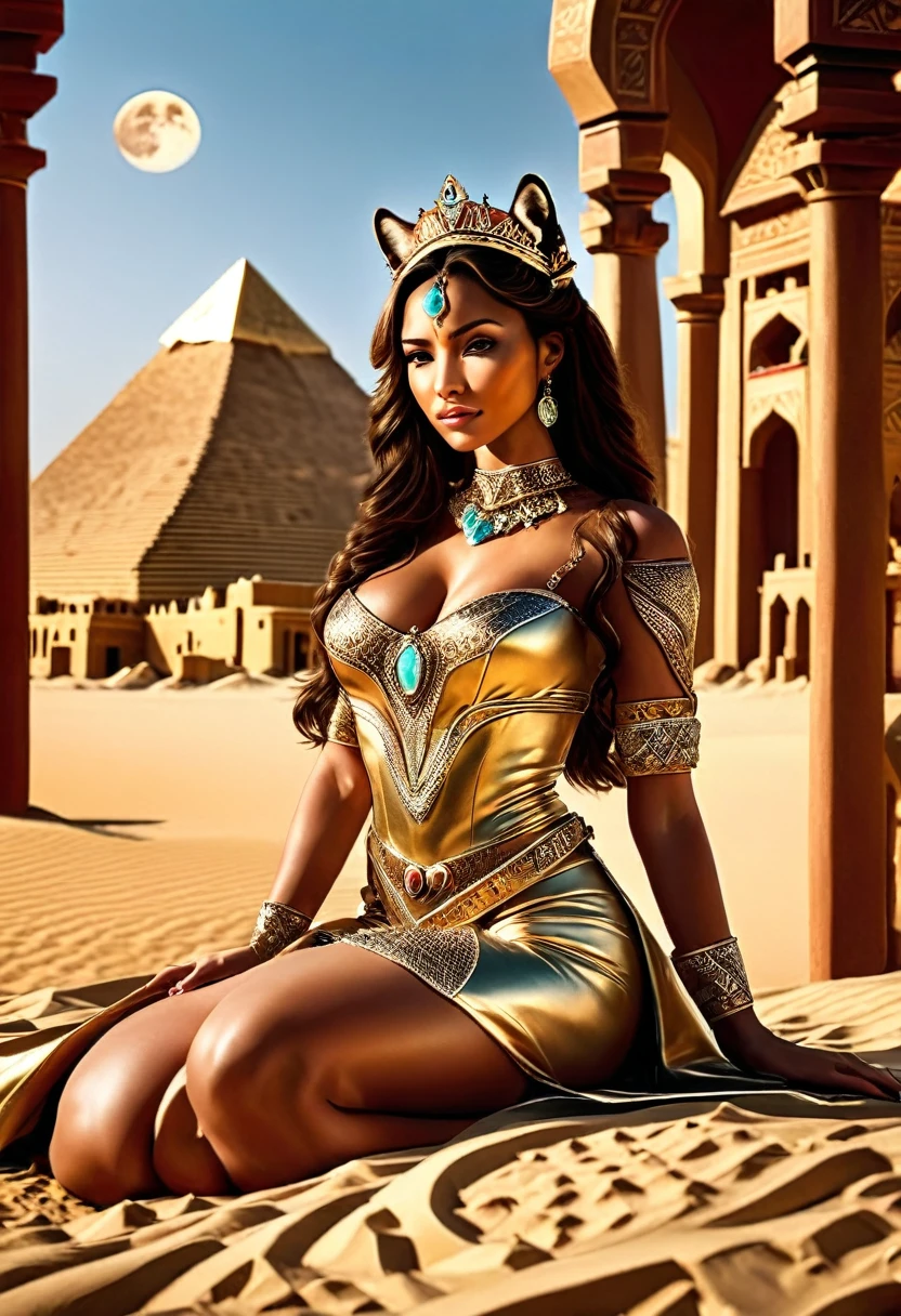 Arafed picture of a desert princess BREAK and her pet cougar in her palace high details, best quality, 16k, f a female human princess and her pet cougar, princess of the desert, full body, ((anatomically correct: 1.5)) ((standing: 1.5)) proudly royalty demeanor, a woman, (best detailed face: 1.5), Ultra Detailed face, wearing royal desert dress, decorated with gems, wearing princess tiara, small cleavage, thigh high intricate leather high heeled boot, thick hair, long hair, brown hair, tan skin intense brown eyes, her epic desert (cougar : 1.3) lying at her feet, guarding her, an epic fantasy desert palace in an oasis in the background (intricate details, Masterpiece, best quality: 1.5) night, moon light, stars ,Wide-Angle, award winning, best quality, high quality, high details, highres, vibrant, Ultra-high resolution, High Contrast, (masterpiece:1.5), highest quality, Best aesthetics, best details, best quality, highres, ultra wide angle, 16k, [ultra detailed], masterpiece, best quality, chumbasket art style, Cinematic Hollywood Film,