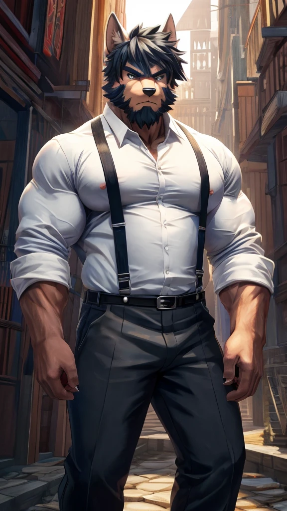 ((best quality)), ((masterpiece)), (Ultra detailed), ((4k)), solo , Furry, anthro, Light Blue Fur , Black Short Hair , Middle Ages , Beard , Shirt , White shirt ,  Muscle , Big Pecs , collared shirt , pants , suspenders , pectorals , sleeves rolled up, Black Coat , Cool Pose , Serious , Brightness , Anime Style