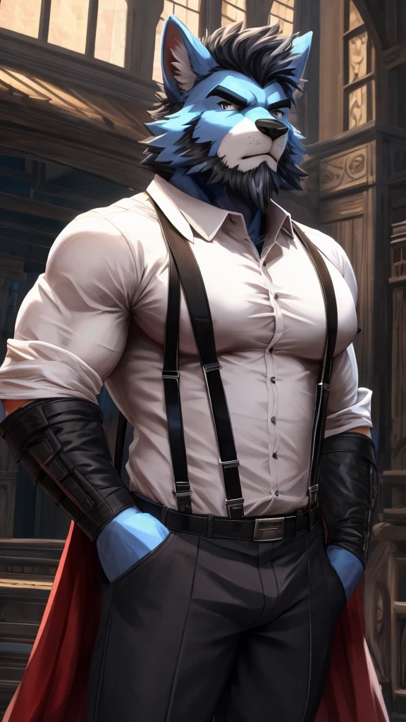 ((best quality)), ((masterpiece)), (Ultra detailed), ((4k)), solo , Furry, anthro, Light Blue Fur , Black Short Hair , Middle Ages , Beard , Shirt , White shirt , Muscle , Big Pecs , collared shirt , pants , suspenders , pectorals , sleeves rolled up, Black Coat , Cool Pose , Serious , Brightness , Anime Style