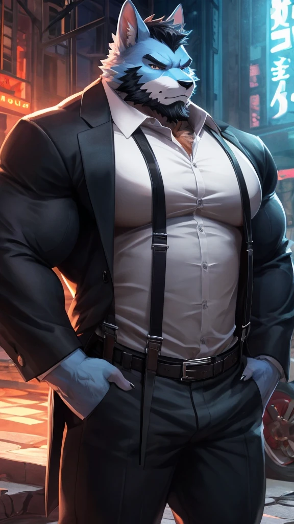 ((best quality)), ((masterpiece)), (Ultra detailed), ((4k)), solo , Furry, anthro, Light Blue Fur , Black Short Hair , Middle Ages , Beard , Shirt , White shirt ,  Muscle , Big Pecs , collared shirt , pants , suspenders , pectorals , sleeves rolled up, Black Coat , Cool Pose , Serious , Brightness , Anime Style