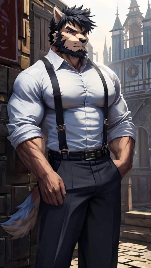 ((best quality)), ((masterpiece)), (Ultra detailed), ((4k)), solo , Furry, anthro, Light Blue Fur , Black Short Hair , Middle Ages , Beard , Shirt , White shirt ,  Muscle , Big Pecs , collared shirt , pants , suspenders , pectorals , sleeves rolled up, Black Coat , Cool Pose , Serious , Brightness , Anime Style