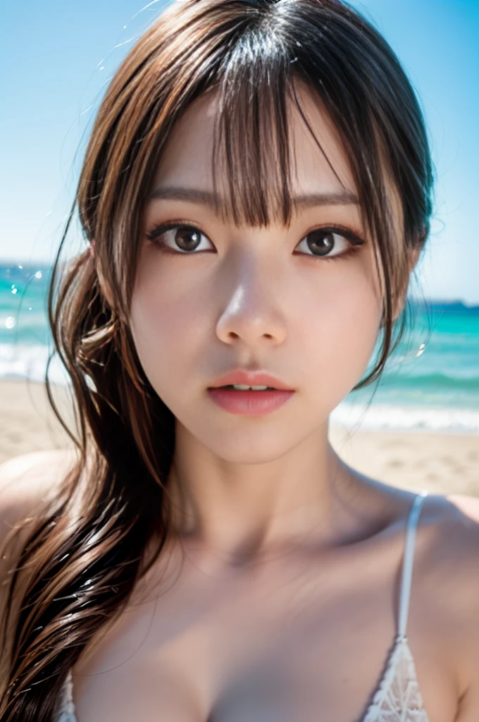 ((Highest quality)),((8K、32k)),(Genuine)、(detailed)、((Beach))、((Bust up shot))、((face closeup))、(White skin)、(Big Breasts)、The best balance between face and shoulder width、Micro Bikini、Shiny Hair、Short Bob、Glowing Skin、Japanese、beauty、Looking into the camera、Thick lips、kawaii、Hehehe:1.2、Shot with a film camera、RAW shooting、#24、Genuine、フォトGenuine:1.4、Photon Mapping、Physically Based Rendering、Perfect Anatomy、detailedなデコルテ、detailedな目、detailedな二重、detailedな咬筋、detailedな鎖骨、Perfect Fingers、Finger Description、(品質 8K)、((White skin))、Avoid mascara、Hair with movement、detailedな毛穴、Natural light、detailedな描写、Blushing、Fine pores、Perfect cleavage、masterpiece、Blushing、detailedな腹筋、sexy、detailedな脇の下、(slender)、(Upper Body)、detailedな目元、1 person、