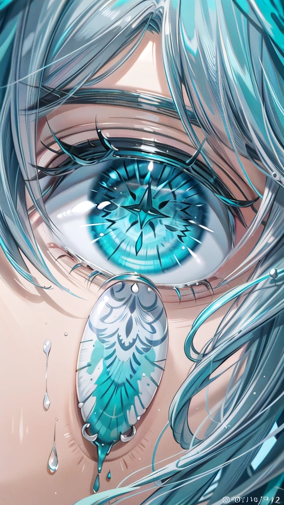 (masterpiece, best quality:1.4),((top quality eyes)) ,(turquoise color droopy eyes:1.5), A beautiful woman with long, silver hair that flows gracefully down her back. Her hair features striking inner highlights of vibrant turquoise, adding a touch of uniqueness and charm. The detailed rendering captures the shimmering silver and the bright, contrasting turquoise strands, creating a mesmerizing effect.