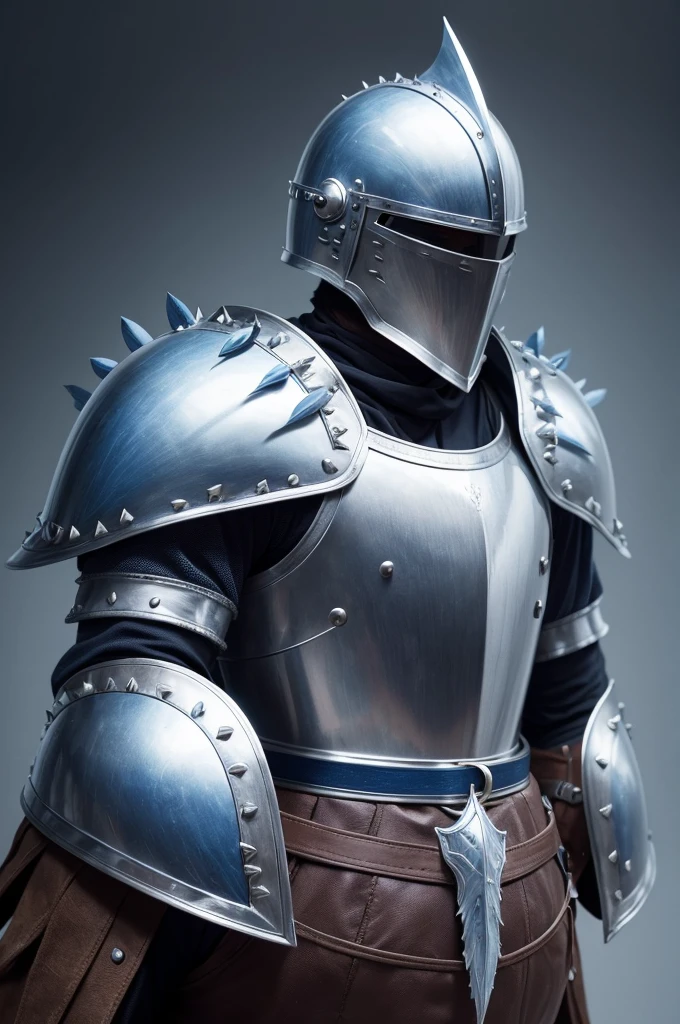 Knight wearing a breastplate of armor and a helmet that covers his head and mouth and nose except the eyes and there is a blue feather on top of the helmet, he wears a belt, and is very muscular and his hands are iron balls with spikes