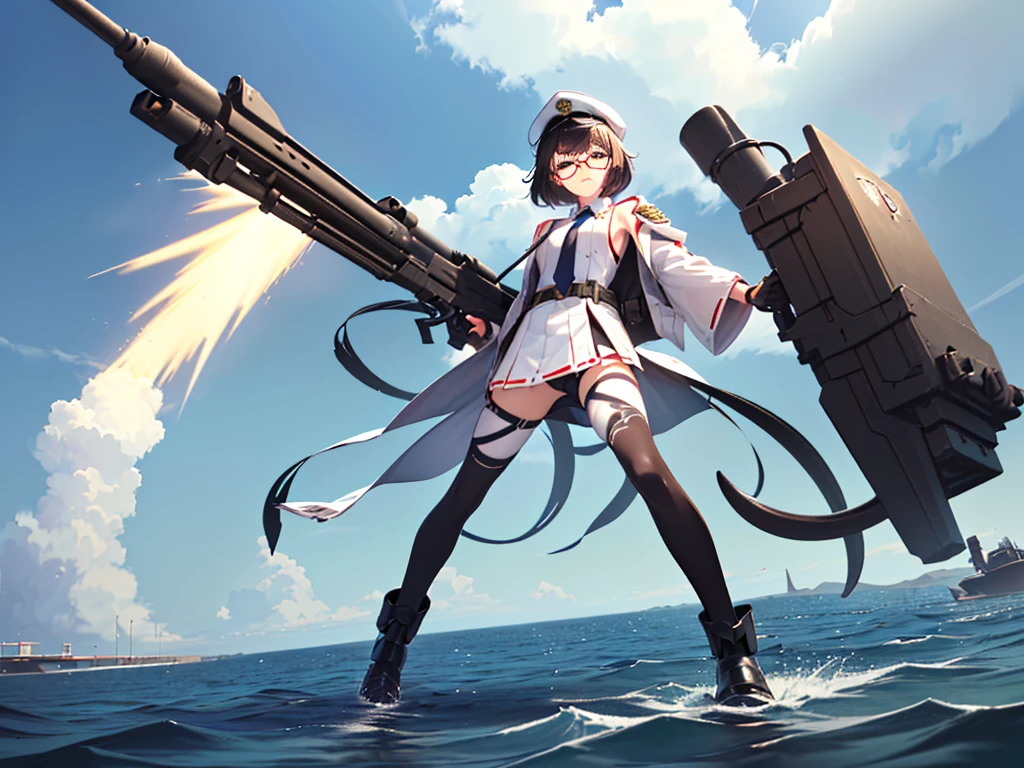 (((masterpiece, Vision))), ((((Full body of a woman with perfect flat chest、1 Female、solo、Short unkempt black hair、Tie your messy hair at the nape of your neck、white military jacket、Miko costume、black tights、Black glasses are black、White military cap、Cloudy black eyes、Confused eyes、Junyo-inspired emblem)))), (((Shipgirl))), ((Floating on the morning sea with both feet)), (Standing with your legs apart)), Aim, (Hold the shotgun turret grip with your right hand), (Four mechanical tentacles covered in white armor extend from its back.), (Holding a shotgun with metal tentacles), (Equipped with a bridge on the back), (His left arm holds the grip of a triple machine gun),