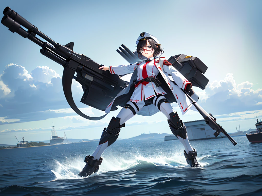 (((masterpiece, Vision))), ((((Full body of a woman with perfect flat chest、1 Female、solo、Short unkempt black hair、Tie your messy hair at the nape of your neck、white military jacket、Miko costume、black tights、Black glasses are black、White military cap、Cloudy black eyes、Confused eyes、Junyo-inspired emblem)))), (((Shipgirl))), ((Floating on the morning sea with both feet)), (Standing with your legs apart)), Aim, (Hold the shotgun turret grip with your right hand), (Four mechanical tentacles covered in white armor extend from its back.), (Holding a shotgun with metal tentacles), (Equipped with a bridge on the back), (His left arm holds the grip of a triple machine gun),