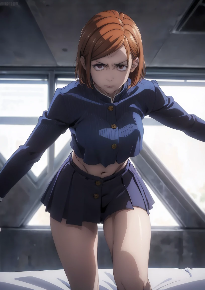 ((maximum quality, 8K, work of art: 1.3, ultra HD, high qualiy, best qualityer, High definition, 真实感)), sharp focus: 1.5, Nobara kugisaki model with muscular body, orange eyes, Mole under the outer edge of the eye, orange short hair, breasts small, Abdomen, arm muscle, Shirt buttons open showing breast cleavage, Open mini skirt, visible abdomen, Sexy and seductive pose in bed, thighs wide open