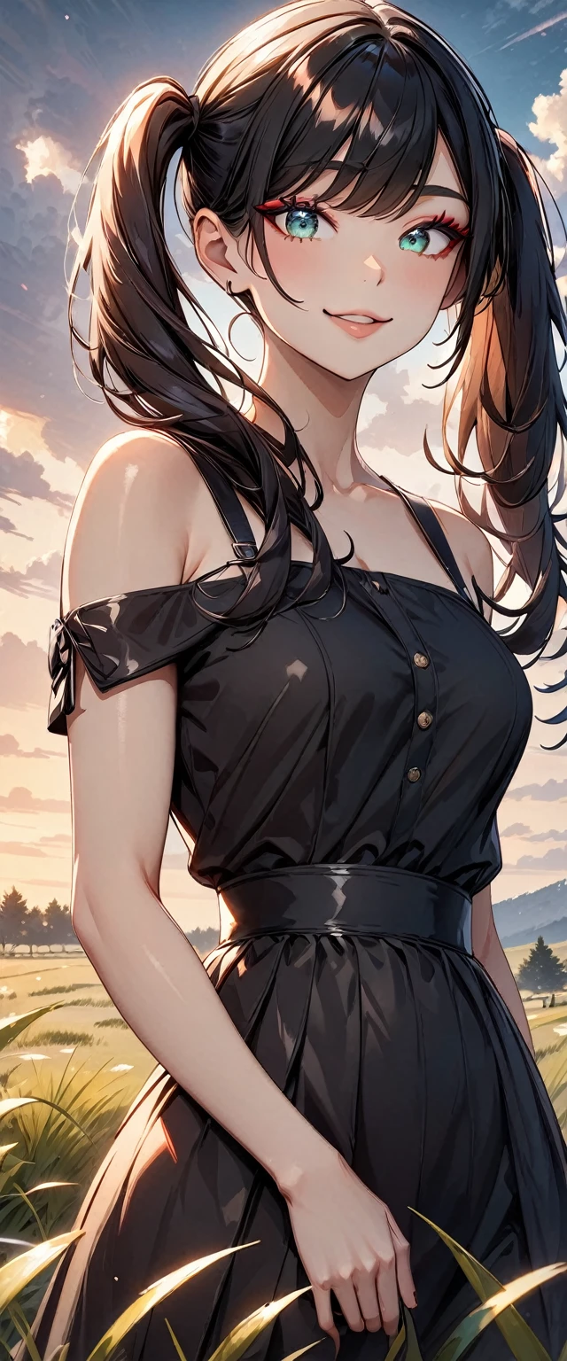 Photo of a woman with natural skin, grassland, Upper Body, Smiling, High Twintails, Black hair with red mesh, Sharp eyes with red eyeshadow, Blue-green eyes, Shining eyes, A thin, upturned nose, Well-shaped lips, ((Black off-the-shoulder dress, Thin shoulder straps)), barefoot, Makeup, Exquisitely crafted with the utmost attention to detail, Vibrant, amazing, Smooth, Cinematic, 4K, Backlight, ((綺麗な星空が見える広いgrassland)), Shallow depth of field, ((Detailed eyes:1.3, Detailed lips:1.3, high quality, )), masterpiece, Super detailed images, High quality