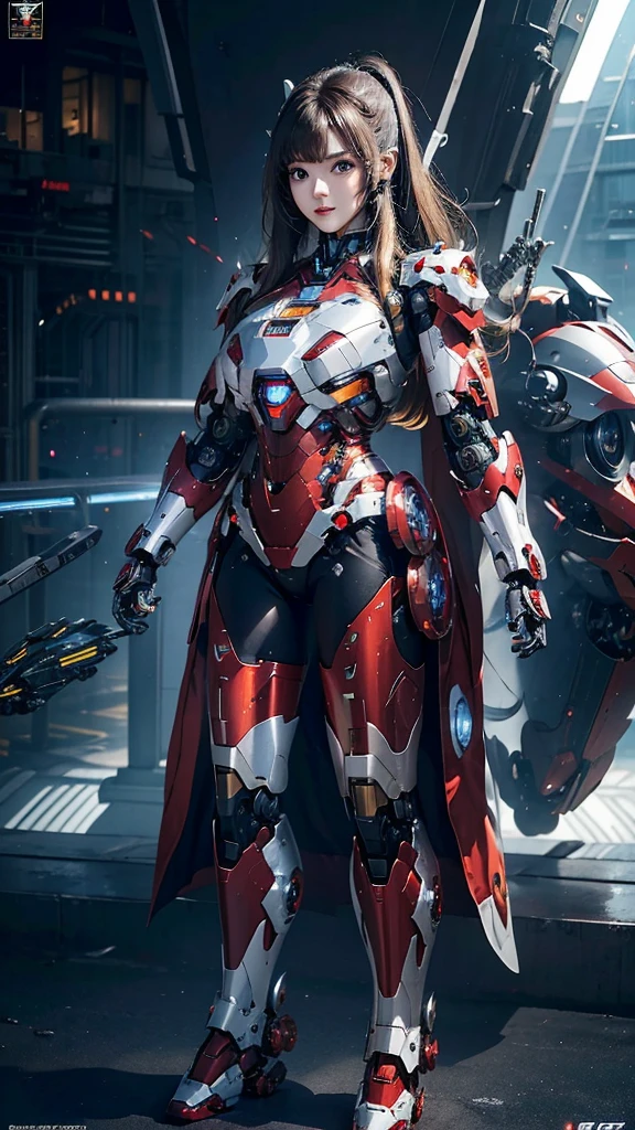 Super detailed, advanced details, high quality, 最high quality, High resolution, 1080P, Hard disk, beautiful,(Iron Girl),Beautiful cyborg woman,Mecha Cyborg Girl,battle mode,Mecha body girl,She wears an Iron Man mech,full body shot