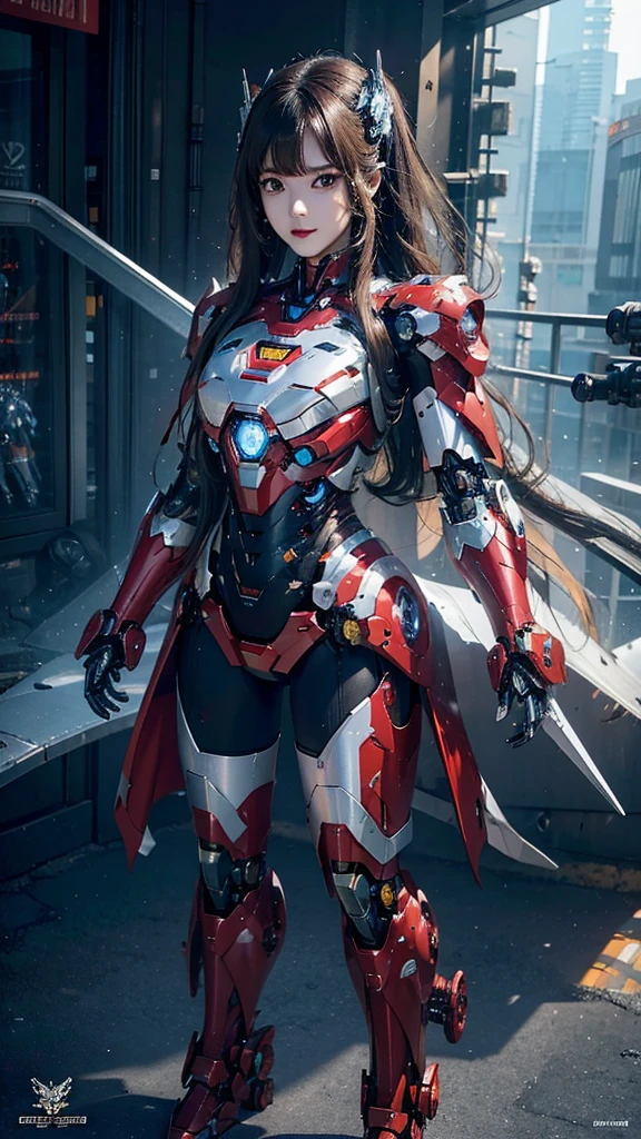 Super detailed, advanced details, high quality, 最high quality, High resolution, 1080P, Hard disk, beautiful,(Iron Girl),Beautiful cyborg woman,Mecha Cyborg Girl,battle mode,Mecha body girl,She wears an Iron Man mech,full body shot
