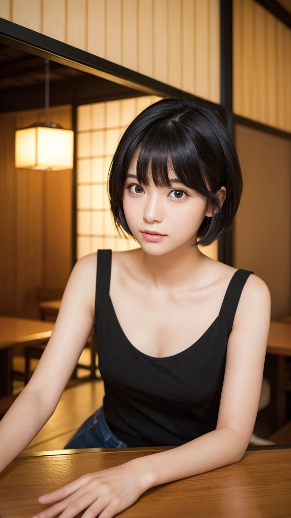 (High resolution:1.3), (16k, Photorealistic, Raw photo, Best image quality: 1.4), Japanese, (One Girl), Beautiful Face, (A vivid face), (Black-haired、short hair:1.3), Beautiful Hairstyles, Realistic eyes, Beautifully detailed eyes, (Realistic Skin), Beautiful skins, attractive, 超A high resolution, Surreal, High detail, Golden Ratio, Highly detailed cute girl,(20-year-old), Japanese Restaurants、table、Sliding doors、Private room