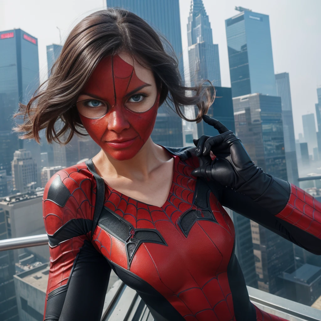 (1girl:1.3), Solo, (((Very detailed face)))), ((Very detailed eyes and face)))), Beautiful detail eyes, Body parts__, Official art, Unified 8k wallpaper, Super detailed, beautiful and beautiful, beautiful, masterpiece, best quality, original, masterpiece, super fine photo, best quality, super high resolution, realistic realism, sunlight, full body portrait, amazing beauty, dynamic pose, delicate face, vibrant eyes, (from the front), She wears Spider-Man suit, red and black color scheme, spider, very detailed city roof background, rooftop, overlooking the city, detailed face, detailed complex busy background, messy, gorgeous, milky white, highly detailed skin, realistic skin details, visible pores, clear focus, volumetric fog, 8k uhd, DSLR, high quality, film grain, fair skin, photo realism, lomography, futuristic dystopian megalopolis, translucent