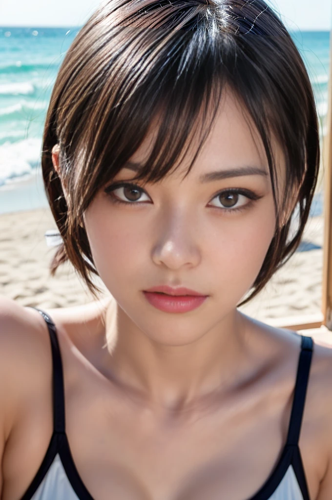 ((Highest quality)),((8K、32k)),(Genuine)、(detailed)、((Beach))、((Bust up shot))、((face closeup))、(White skin)、(Big Breasts)、The best balance between face and shoulder width、Micro Bikini、Shiny Hair、Short Bob、Glowing Skin、Japanese、beauty、Looking into the camera、Thick lips、kawaii、Hehehe:1.2、Shot with a film camera、RAW shooting、#24、Genuine、フォトGenuine:1.4、Photon Mapping、Physically Based Rendering、Perfect Anatomy、detailedなデコルテ、detailedな目、detailedな二重、detailedな咬筋、detailedな鎖骨、Perfect Fingers、Finger Description、(品質 8K)、((White skin))、Avoid mascara、Hair with movement、detailedな毛穴、Natural light、detailedな描写、Blushing、Fine pores、Perfect cleavage、masterpiece、Blushing、detailedな腹筋、sexy、detailedな脇の下、(slender)、(Upper Body)、detailedな目元、1 person、