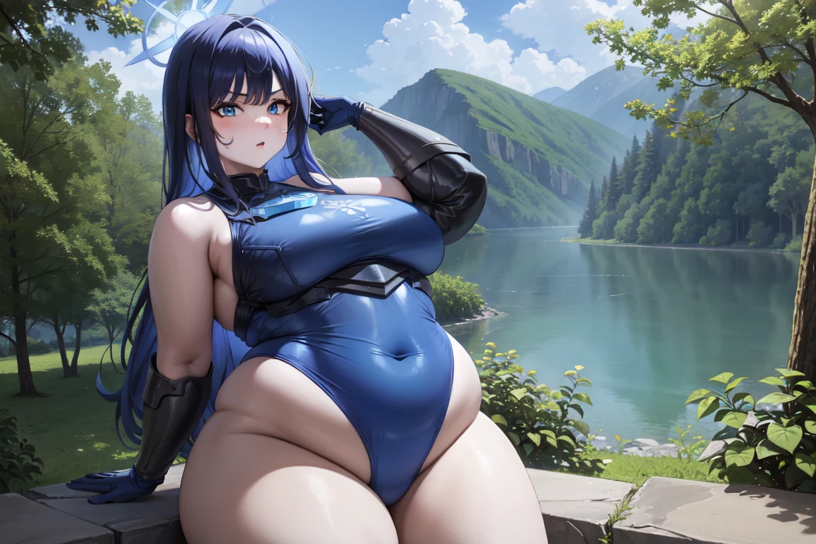 saori joumae, blue eyes, blue hair, halo, long hair, adventurer clothes, light armor:1.3, lake, fantasy background, armored leotard