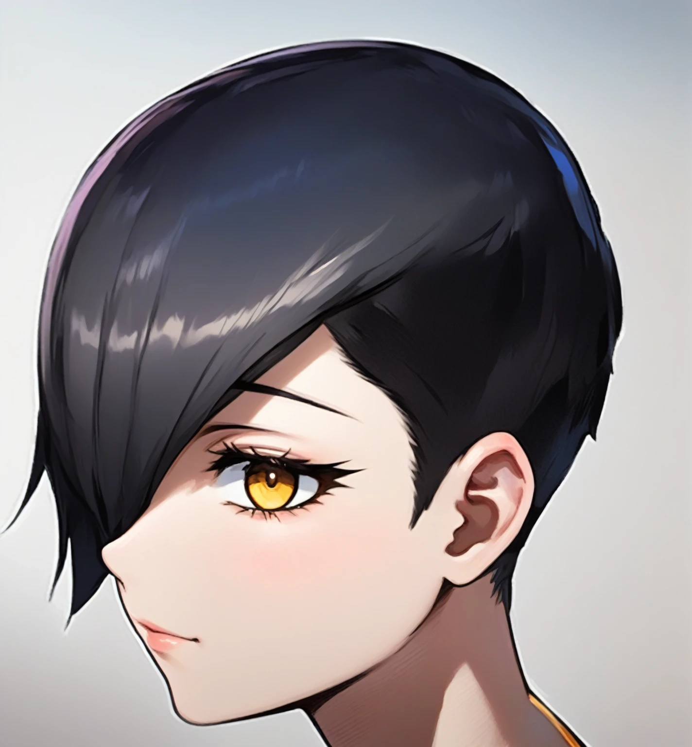 a young woman with short black hair, anime woman headshot profile, trigger anime artstyle, persona 5 art style wlop, profile of anime girl, androgynous face, detailed face, beautiful detailed eyes, beautiful detailed lips, extremely detailed eyes and face, long eyelashes, 1girl, digital illustration, 8k, high quality, studio lighting, masterpiece, vibrant colors, dramatic lighting, neon colors