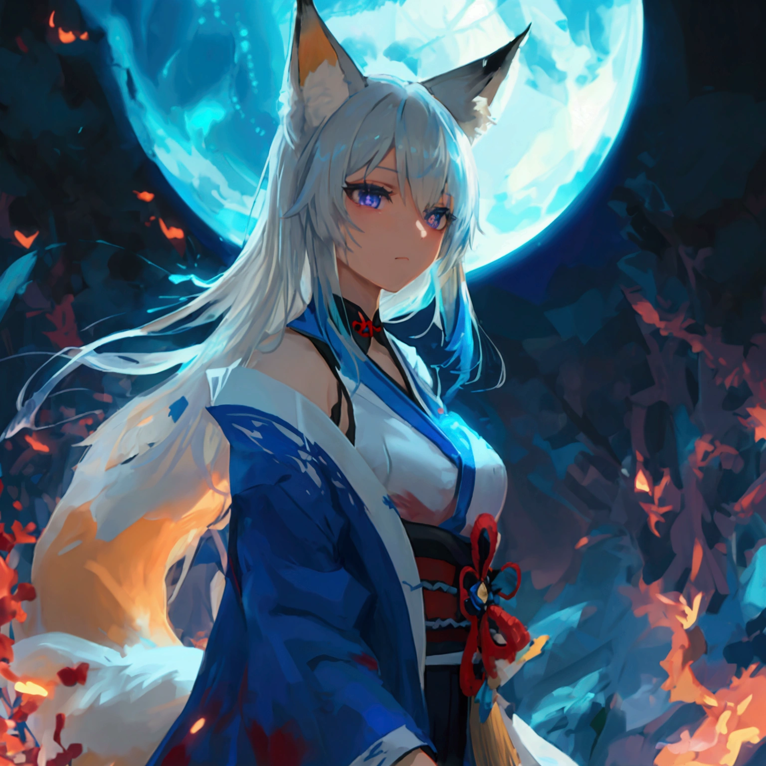 A girl in her twenties with blue-white hair, blue-purple gradient pupils, a small tail, and a fox-girl robe. girl, kimono, ponytail ,gray hair, purple eyes, magic circle, blue fire, blue flame, wallpaper, landscape, Blood, Blood splatter, Depth of the bounds written, night, particles of light, light, side light, thighs, destiny \(series\), genshin impact, open jacket, skirt, Thighhighs, cloud　Anime Style　fox　blue　White-faced golden-haired nine-tailed fox　Coat blue　Blue Moon　Red Moon　mysterious background　Blue Flame　Anime Style　fox　blue　White-faced golden-haired nine-tailed fox　Coat blue　　　mysterious background　Blue Flame　Anime Style　A girl with long blonde hair and fox ears is standing in front of a full moon, Blue haired wolf girl, A very beautiful anime fox girl, Ahri, Beautiful fox woman, Anime Wallpaper, Blue Fire Power, Fox Three-tailed fox, Anime Wallpaper, Beautiful Heavenly Magician　Indigo and white fur　Beastman Fox Indigo　mysterious background　Blue Flame　Beastman　Beautiful eyes、Beautiful eyes　Well-formed face　Floating Mysterious Sphere　Clench your fists　fox Light blue hair 　beast girl　indigo fur　fox beast girl
