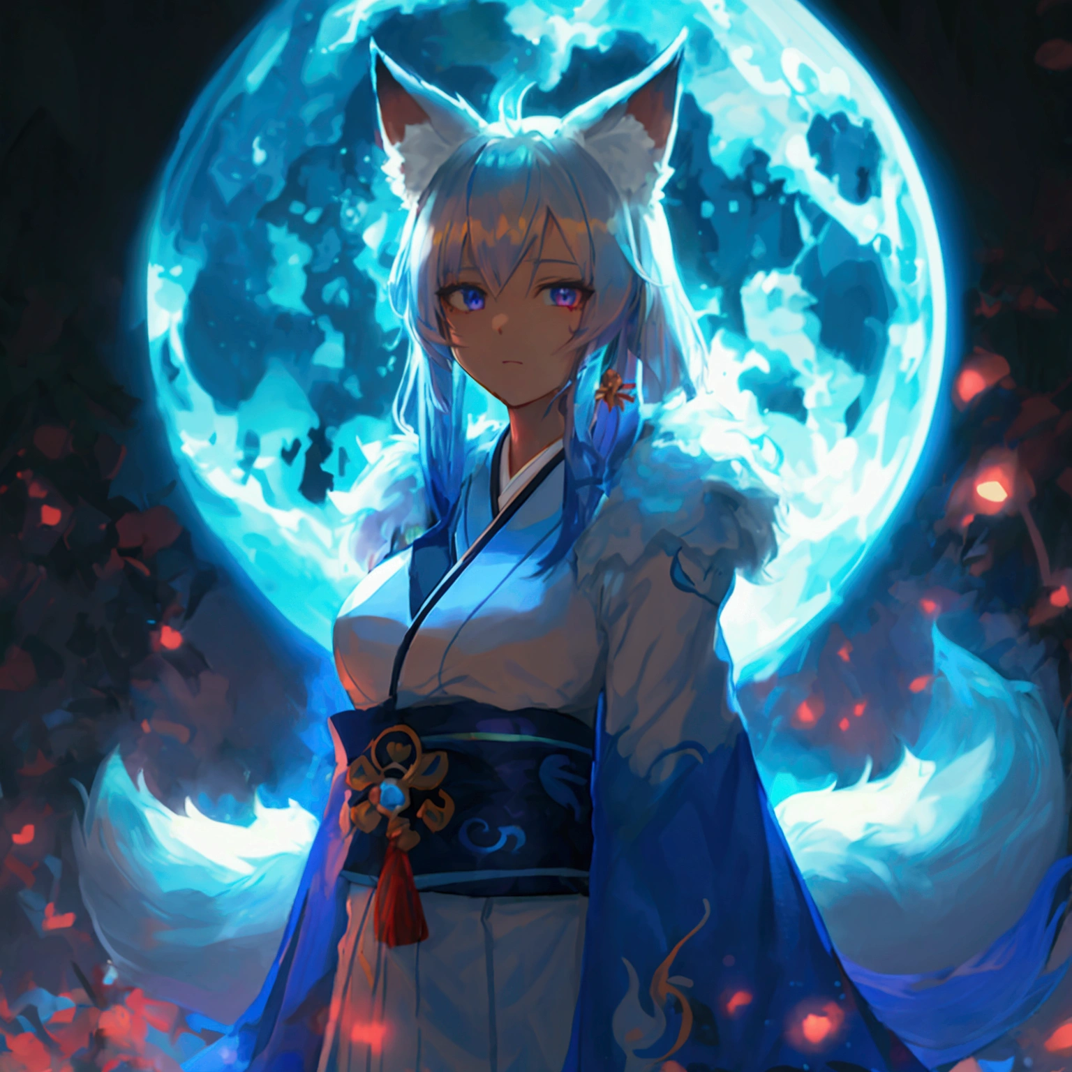 A girl in her twenties with blue-white hair, blue-purple gradient pupils, a small tail, and a fox-girl robe. girl, kimono, ponytail ,gray hair, purple eyes, magic circle, blue fire, blue flame, wallpaper, landscape, Blood, Blood splatter, Depth of the bounds written, night, particles of light, light, side light, thighs, destiny \(series\), genshin impact, open jacket, skirt, Thighhighs, cloud Anime Style fox blue White-faced golden-haired nine-tailed fox Coat blue Blue Moon Red Moon mysterious background Blue Flame Anime Style fox blue White-faced golden-haired nine-tailed fox Coat blue mysterious background Blue Flame Anime Style A girl with long blonde hair and fox ears is standing in front of a full moon, Blue haired wolf girl, A very beautiful anime fox girl, Ahri, Beautiful fox woman, Anime Wallpaper, Blue Fire Power, Fox Three-tailed fox, Anime Wallpaper, Beautiful Heavenly Magician Indigo and white fur Beastman Fox Indigo mysterious background Blue Flame Beastman Beautiful eyes、Beautiful eyes Well-formed face Floating Mysterious Sphere Clench your fists fox Light blue hair beast girl indigo fur fox beast girl