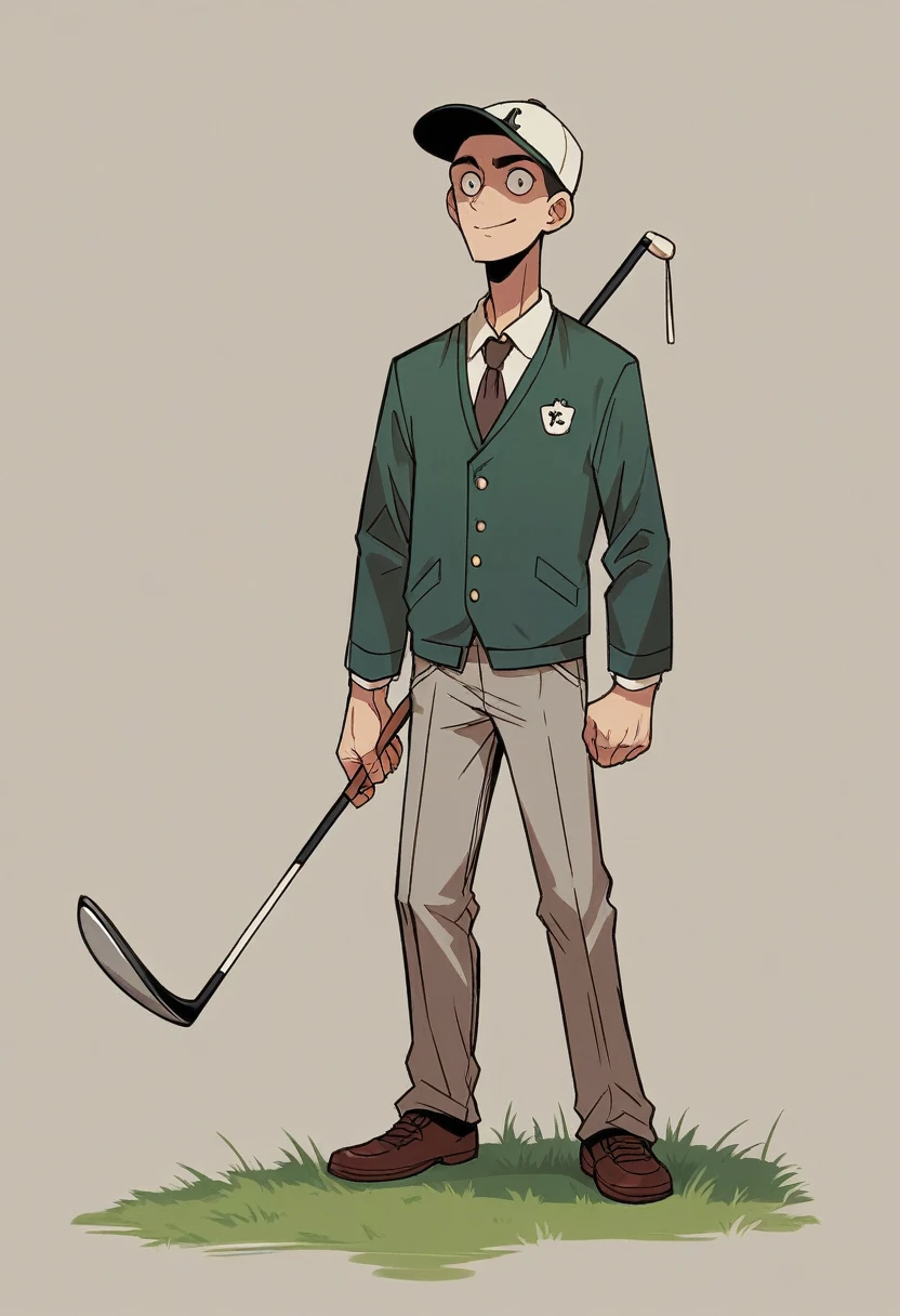 Very realistic caricature image, Highly realistic with intricate details, Emphasizing facial features and precise details, Vector style, Full body in the center of the painting, Natural background details, Body somewhat slim and small compared to head, Large head compared to body, Standing at a 45-degree angle, Dressed in golf attire, Holding a golf club, preparing to strike a golf ball, Standing in the middle of a golf course, Central eyes looking at the camera, Slight smile, Complex and ultra-realistic details, Ultra quality, 8k details, high quality.