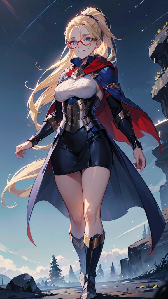 Best quality, Ultra detailed, best quality, insanely detailed, beautiful, masterpiece, 8k, 
break  
Lens Flare,night sky, Streaks of Light,refraction Glowing white lines ,Crossing Light,Shining Background, light particles
break 
crystal trees,
break 
1girl, blonde hair, (slicked back hair:1.2), forehead, long hair, high ponytail, red Beret, blue Scarf ,blue Compression Shirt, blue eye glasses,  tareme , blue eyes, ultra detailed eyes, blue sheath skirt, mini skirt, (red and  blue cloak:1.2) , long cloak,blue boots, pale skin , full body, portlait, (stare at viewer:1.5),(seductive smile:1.3), (embarrassed:1.0),(orgasm:1.2), nsfw, , short,