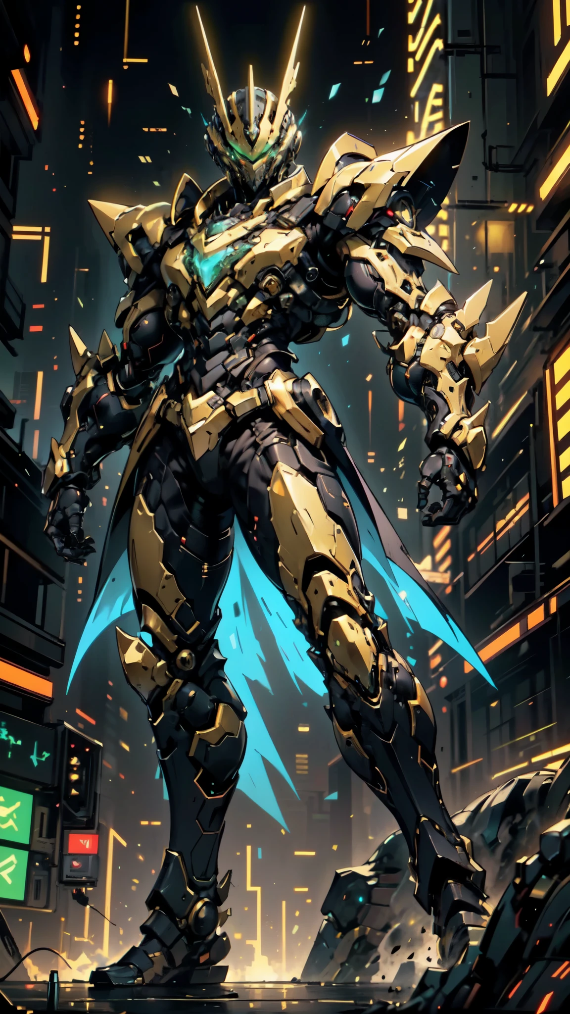 (masterpiece:1.5, best quality:1.5, extremely delicate:1.5, foreshortening:1.5, dynamic angle:1.5), a man wearing a full-face helmet, a fantasy-style biotech armored combat suit, green eyes, (a composite layered chest armor), fully enclosed shoulder guards, matching arm and leg guards, the belt is adorned with neon circuitry, (the color scheme is primarily black glow with green and red accents), the design balances heavy with agility, a high-tech bio-mecha armor, (Armor Concept Inspired by neon Cyberpunk, stand on the top of a skyscraper in a futuristic sci-fi city), this character embodies a finely crafted fantasy-surreal style armored hero in anime style, exquisite and mature manga art style, (element, plasma, energy, the armor glows), ((male:1.5)), metallic, high definition, highres, ultra-detailed, ultra-fine painting, professional, perfect body proportions, golden ratio, anatomically correct, symmetrical face, extremely detailed eyes and face, high quality eyes, creativity, RAW photo, UHD, 32k, Natural light, cinematic lighting, masterpiece-anatomy-perfect