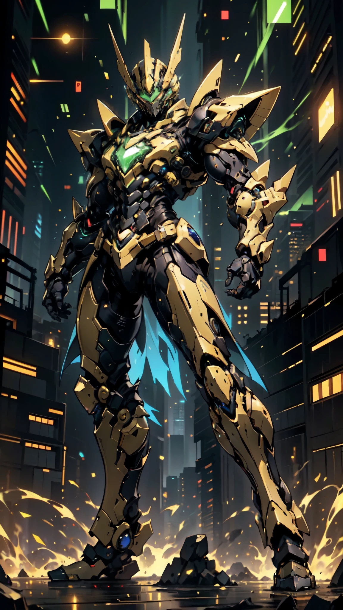 (masterpiece:1.5, best quality:1.5, extremely delicate:1.5, foreshortening:1.5, dynamic angle:1.5), a man wearing a full-face helmet, a fantasy-style biotech armored combat suit, green eyes, (a composite layered chest armor), fully enclosed shoulder guards, matching arm and leg guards, the belt is adorned with neon circuitry, (the color scheme is primarily black glow with green and red accents), the design balances heavy with agility, a high-tech bio-mecha armor, (Armor Concept Inspired by neon Cyberpunk, stand on the top of a skyscraper in a futuristic sci-fi city), this character embodies a finely crafted fantasy-surreal style armored hero in anime style, exquisite and mature manga art style, (element, plasma, energy, the armor glows), ((male:1.5)), metallic, high definition, highres, ultra-detailed, ultra-fine painting, professional, perfect body proportions, golden ratio, anatomically correct, symmetrical face, extremely detailed eyes and face, high quality eyes, creativity, RAW photo, UHD, 32k, Natural light, cinematic lighting, masterpiece-anatomy-perfect