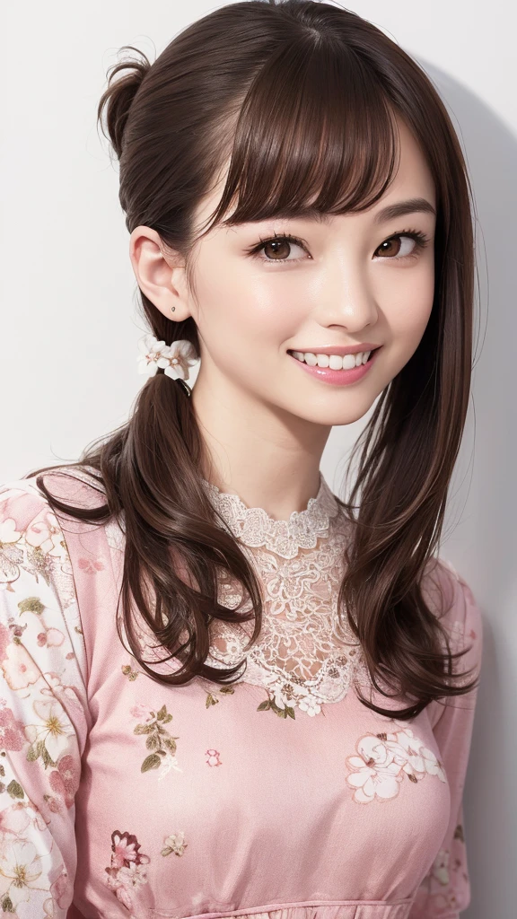 (Highest quality、8K、32k、masterpiece)、(Realistic)、(Realistic:1.2)、(High resolution)、Very detailed、Very beautiful face and eyes、1 Girl、Round and small face、Tight waist、Delicate body、(Highest quality、Attention to detail、Rich skin detail)、(Realistic、Realistic:1.37)、Bright colors、(((Brown Hair)))、(((Upper Body Shot)))、(((Long Hair)))、(((Side Ponytail)))、(((White wall background)))、(((White wall background)))、(((smile)))、(((Teeth are visible)))、(((Wear a dress)))、(((Touch your chin with your right hand)))、(((Pink floral dress)))