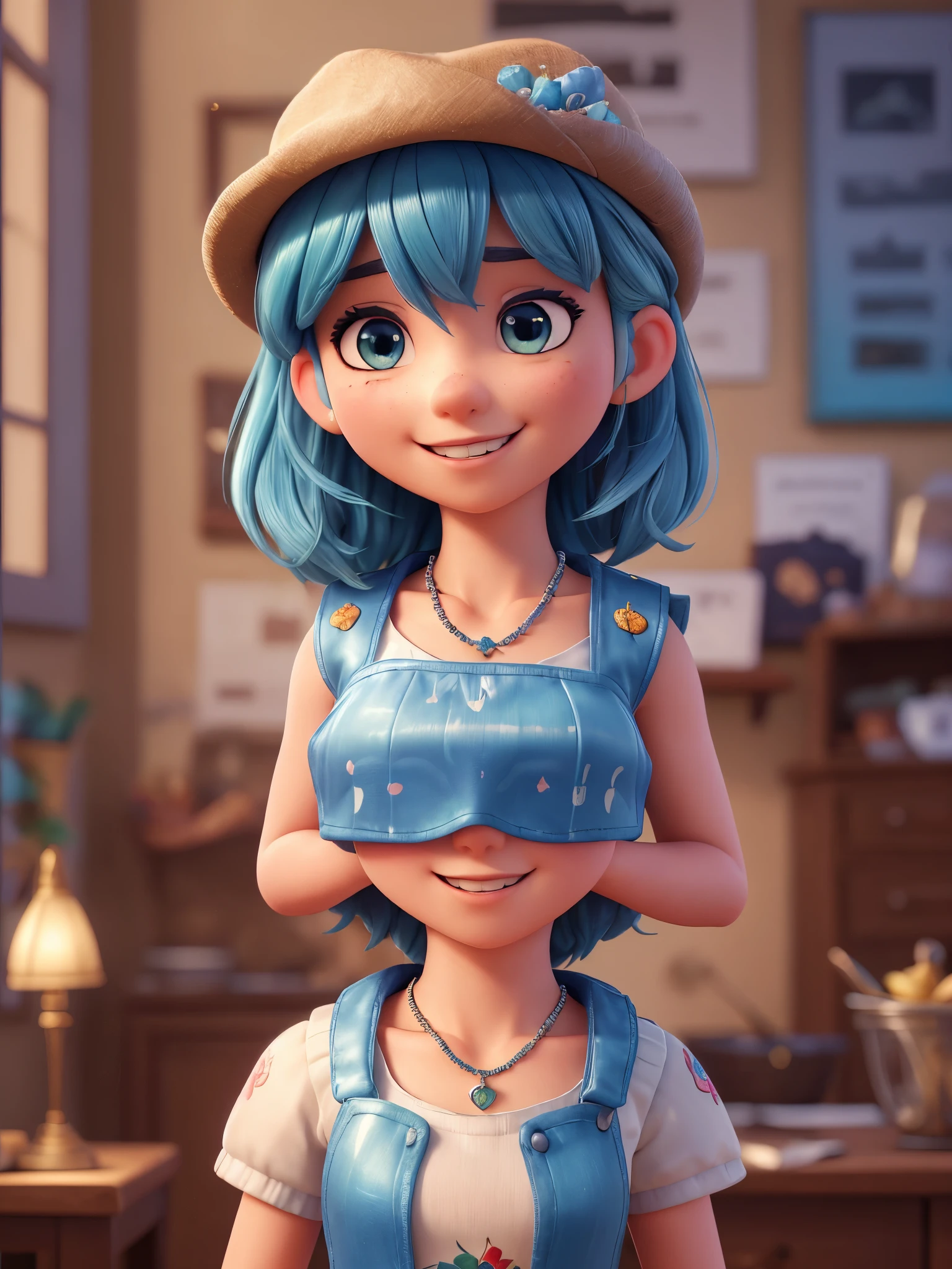 Masterpiece, best quality, high quality, very detailed CG uniform 8k wallpaper, 1girl, solo, blue hair, tattoo, short hair, hat, jewelry, smile, necklace, looking at the audience, hat, realistic, open mouth, teeth, upper body, vest, nose, bare shoulders, artist name, black tiara, collarbone, arm tattoo, blue eyes, lips, blur, oil painting, award winning photography, bokeh, depth of field, HDR, bloom, chromatic aberration, realism, very detailed, artstation Intricate, High Detail, dramatic, art by midjourney