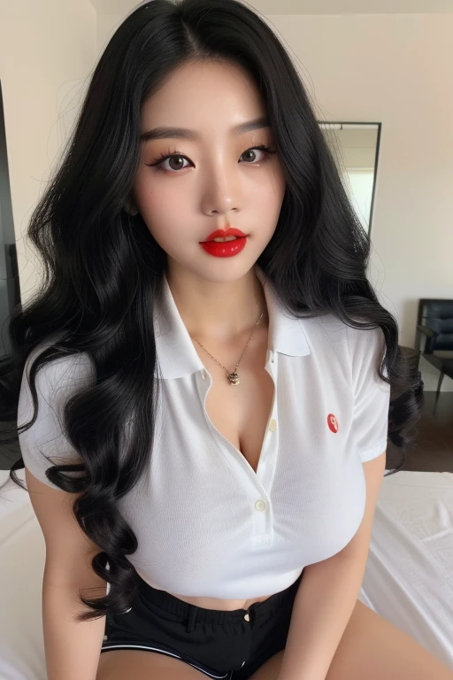 1 korean girl, strikingly beautiful, black hair, big breasts, delicate facial features, porcelain skin, red lips,expressive eyes, ((best qualtiy, 8K, tmasterpiece:1.3)), Focus:1.2, perfect figure beautiful woman:1.4, Cocked buttocks:1.2, ((Random Long Thick Diva Hairstyle) ((Black Wavy Hair In Big Curls))(Long white legs:1.3,(Polo shirt With Shorts:1.2) , (inside in room: 1.2), Highly detailed facial and skin texture, A detailed eye, double eyelid,Whiten skin,(Straight big breasts:1.3), looking at camera, Wear a necklace,