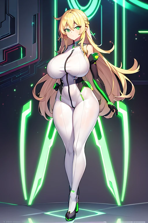 1girl, green eyes, blonde hair, long hair, large breasts, hourglass figure, bodysuit, white bodysuit, neon, neon trim, machinery, tech, science-fiction, futuristic, serious, standing, full body, ((full body)),, pantyhose, black pantyhose, wavy hair, 