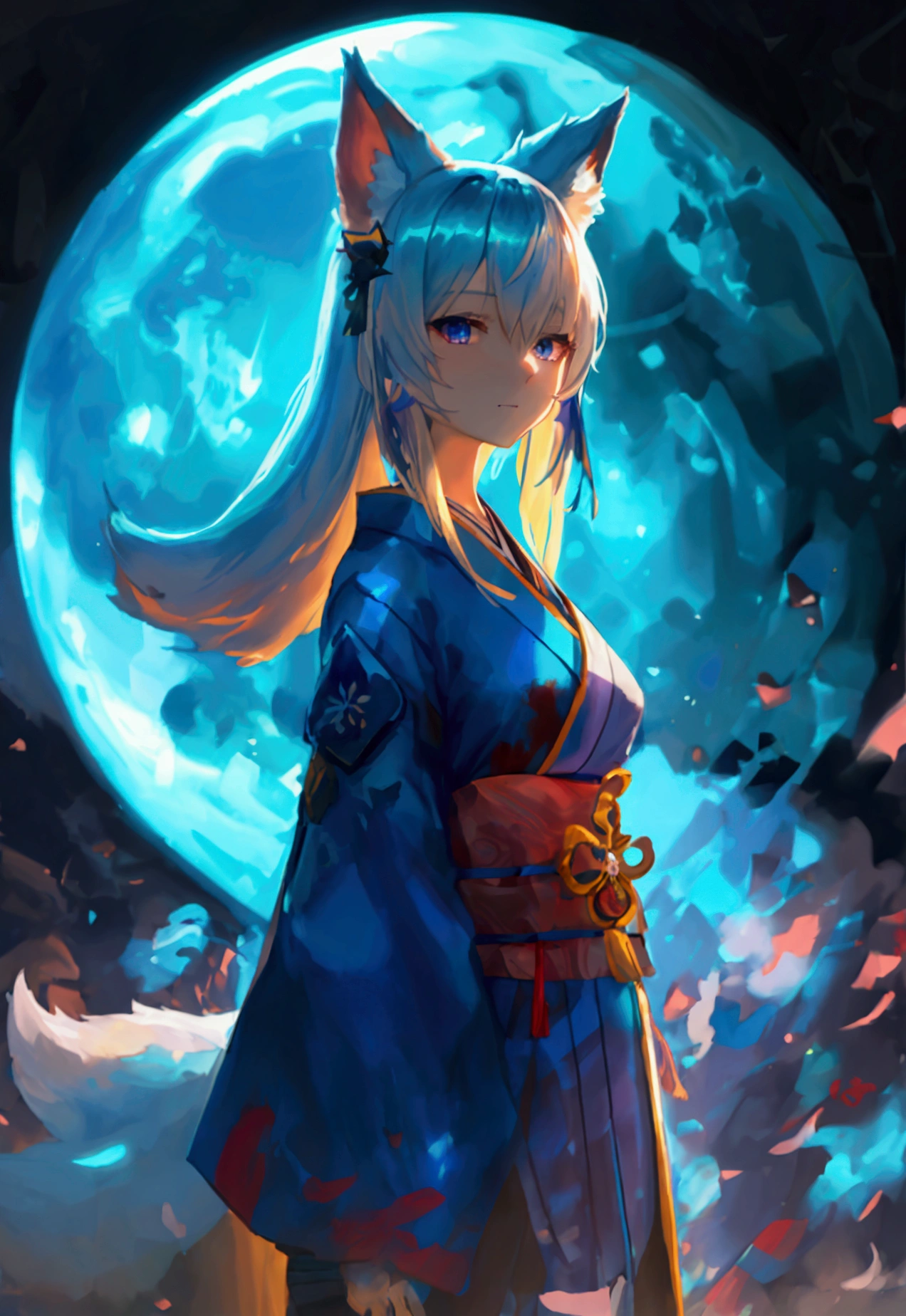 A girl in her twenties with blue-white hair, blue-purple gradient pupils, a small tail, and a fox-girl robe. girl, kimono, ponytail ,gray hair, purple eyes, magic circle, blue fire, blue flame, wallpaper, landscape, Blood, Blood splatter, Depth of the bounds written, night, particles of light, light, side light, thighs, destiny \(series\), genshin impact, open jacket, skirt, Thighhighs, cloud Anime Style fox blue White-faced golden-haired nine-tailed fox Coat blue Blue Moon Red Moon mysterious background Blue Flame Anime Style fox blue White-faced golden-haired nine-tailed fox Coat blue mysterious background Blue Flame Anime Style A girl with long blonde hair and fox ears is standing in front of a full moon, Blue haired wolf girl, A very beautiful anime fox girl, Ahri, Beautiful fox woman, Anime Wallpaper, Blue Fire Power, Fox Three-tailed fox, Anime Wallpaper, Beautiful Heavenly Magician Indigo and white fur Beastman Fox Indigo mysterious background Blue Flame Beastman Beautiful eyes、Beautiful eyes Well-formed face Floating Mysterious Sphere Clench your fists
fox Light blue hair beast girl indigo fur fox beast girl