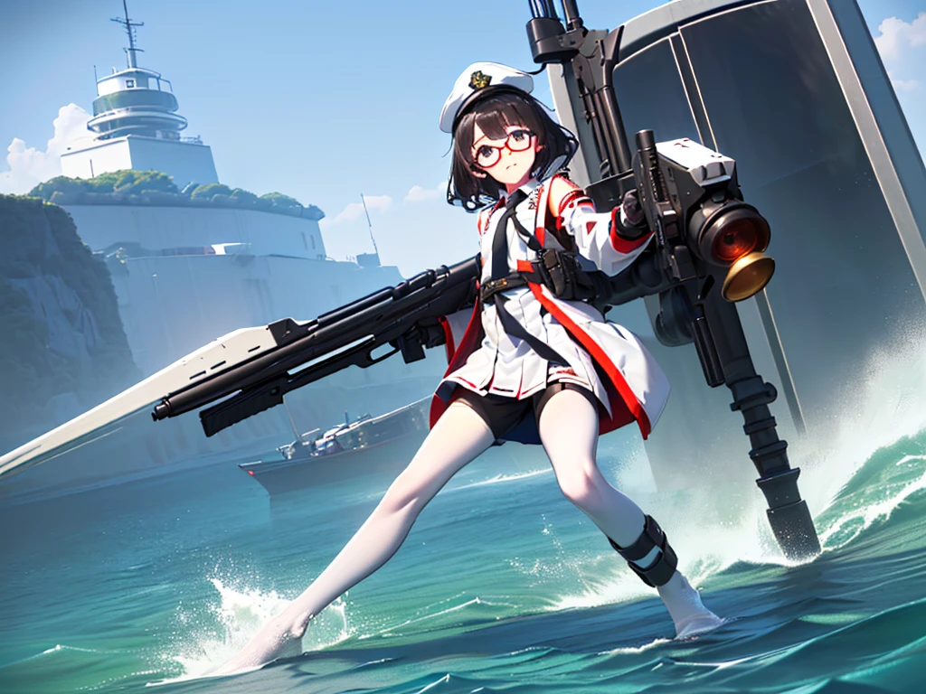 (((masterpiece, Vision))), ((((Full body of a woman with perfect flat chest、1 Female、solo、Short unkempt black hair、Tie your messy hair at the nape of your neck、white military jacket、Miko costume、black tights、Black glasses are black、White military cap、Cloudy black eyes、Confused eyes、Junyo-inspired emblem)))), (((Shipgirl))), ((Floating on the morning sea with both feet)), (Standing with your legs apart)), Aim, (Hold the shotgun turret grip with your right hand), (Four mechanical tentacles covered in white armor extend from its back.), (Holding a shotgun with metal tentacles), (Equipped with a bridge on the back), (His left arm holds the grip of a triple machine gun),