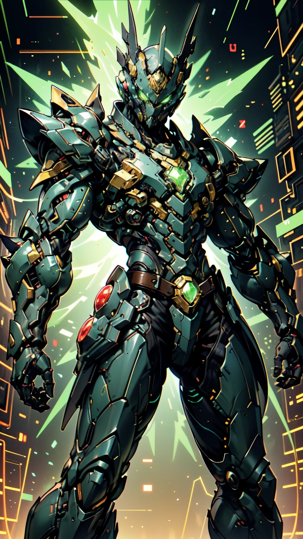 (masterpiece:1.5, best quality:1.5, extremely delicate:1.5, foreshortening:1.5, dynamic angle:1.5), a man wearing a full-face helmet, a fantasy-style biotech armored combat suit, green eyes, (a composite layered chest armor), fully enclosed shoulder guards, matching arm and leg guards, the belt is adorned with neon circuitry, (the color scheme is primarily black glow with green and red accents), the design balances heavy with agility, a high-tech bio-mecha armor, (Armor Concept Inspired by neon Cyberpunk, stand on the top of a skyscraper in a futuristic sci-fi city), this character embodies a finely crafted fantasy-surreal style armored hero in anime style, exquisite and mature manga art style, (element, plasma, energy, the armor glows), ((male:1.5)), metallic, high definition, highres, ultra-detailed, ultra-fine painting, professional, perfect body proportions, golden ratio, anatomically correct, symmetrical face, extremely detailed eyes and face, high quality eyes, creativity, RAW photo, UHD, 32k, Natural light, cinematic lighting, masterpiece-anatomy-perfect