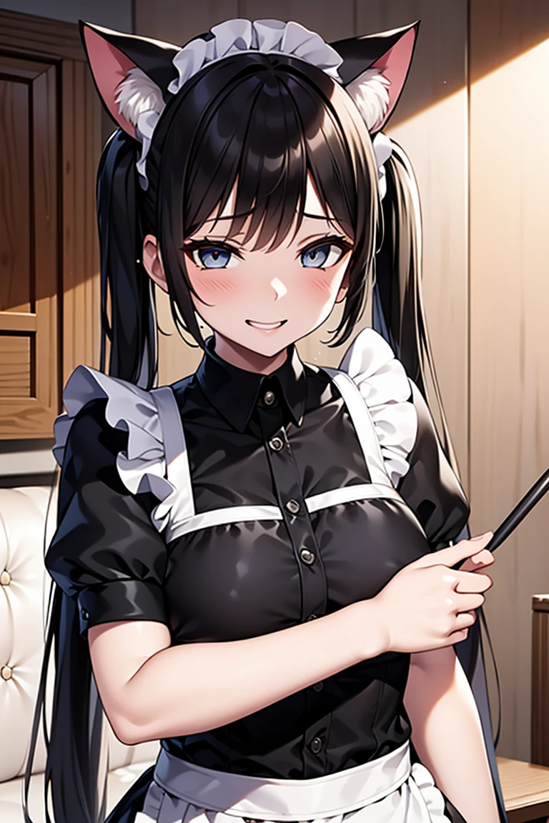 Private Maid, (compensate:1.2), Twin tails, Very long hair, Cat ear, Maid&#39;s Headdress, Hair Clip, Cleavage, Huge breasts, Neck bell, bow, ((Maid Apron)), White gloves, elbow gloves, Garter Straps, White knee socks, corruption, Hollow Eyes, Half-closed eyes, Wicked Smile, No students, Grin, Open your mouth, One girl, Mature Woman, Married women, (Dark Magical Girl), Dark Theme, Dark person